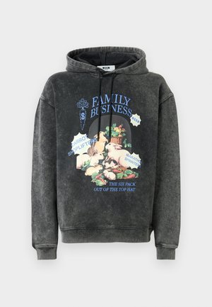 Hoodie gris charbon avec un graphisme de lapins, de carottes, et du texte "Affaires de Famille", "Voleurs de Carottes" et "Sprinters de Marathon" sur le devant.