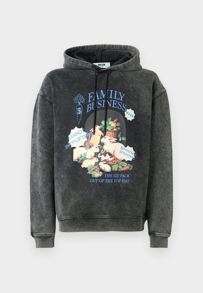 Charcoal grey hoodie with graphic of rabbits, carrots, and text "Family Business," "Carrot Shoplifters," and "Marathon Sprinters" on front.