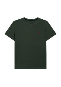 Donkergroene katoenen T-shirt met ronde hals, korte mouwen en een kleine rode boom geborduurd op de borst. Rechte snit aan de onderkant.