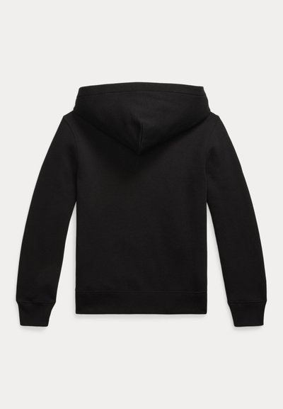 Čierna mikina s dlhým rukávom zobrazená zozadu, s kapucňou a rebrovanými manžetami a lemom.