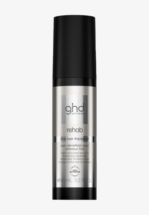 Bouteille argentée et noire du ghd Rehab épaississeur pour cheveux fins, traitement sans rinçage activé par la chaleur, 95 ml, avec bouchon noir sur fond blanc.