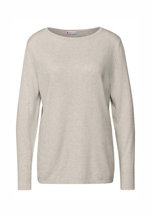 Light grey long-sleeve sweater in a soft knit fabric. Features a rounded neckline and ribbed cuffs, with minimal design and no patterns.