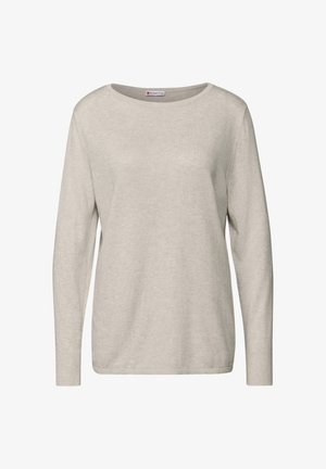 Light grey long-sleeve sweater in a soft knit fabric. Features a rounded neckline and ribbed cuffs, with minimal design and no patterns.