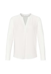 Blouse blanche à manches longues avec col en V et sans col, en tissu léger, présentée sur fond blanc uni.