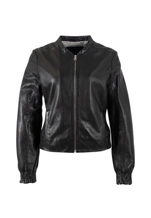 Schwarze Lederjacke mit rundem Kragen, Frontreißverschluss, gerafften Bündchen und leicht verkürztem Design. Glatte Textur mit minimaler Detailgestaltung.