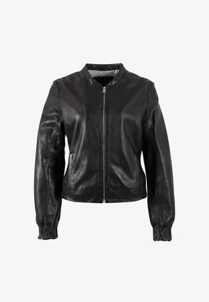 Schwarze Lederjacke mit rundem Kragen, Frontreißverschluss, gerafften Bündchen und leicht verkürztem Design. Glatte Textur mit minimaler Detailgestaltung.