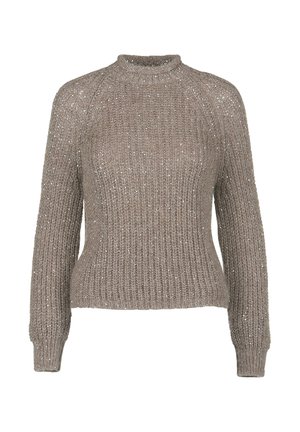 Knitted sweater in earthy taupe with ribbed texture and subtle metallic threads. Features a high neck and slightly fitted design.