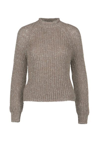 Neulepaita maallisessa taupe-värissä, jossa on ribbitekstuuri ja hienovaraisia metallilankoja. Omistaa korkean kauluksen ja hieman vartalonmyötäisen muodon.