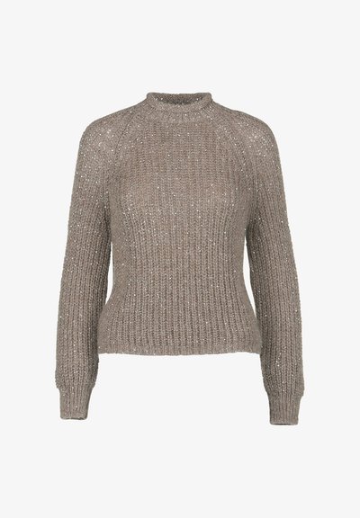Pleteno pulover v zemeljskem taupe odtenku z rebrasto teksturo in subtilnimi metalik nitmi. Ima visok ovratnik in rahlo prilega obliko.
