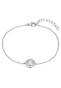 Ezüst lánc karkötő, középen egy kerek medállal, amelyet egy átlátszó kő vesz körül, kisebb rhinestone-okkal díszítve, molnárzárral végződik.