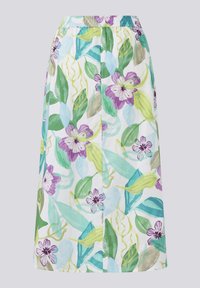 Floral midi skirt featuring a white base with vibrant green leaves and purple flowers. Made of lightweight fabric with an elastic waistband.