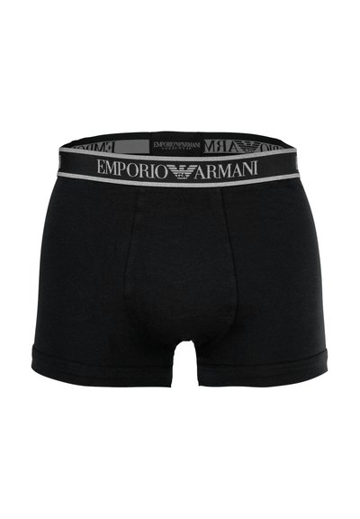 Schwarze Herren-Boxershorts von Emporio Armani mit grauem, markenprägtem Bund und zentriertem Logo auf der Vorderseite.