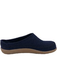Marinefarbene Filz-Schlupfschuhe mit runder Spitze, strukturiertem Obermaterial und braunem Gummisohle. Mit dekorativen Nähten entlang der Kanten.