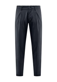 Pantaloni blu navy con taglio dritto, texture liscia, frontale plissettato e vita tipica con passanti per cintura. Nessun abbellimento visibile.