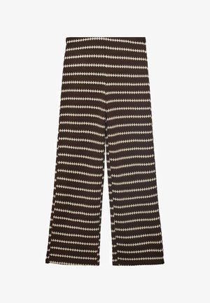 Široke hlače v temno rjavi barvi z kontrastnimi smetanastimi zigzag črtami. Narejene iz teksturirane tkanine, z udobnim srednje visokim pasom.