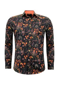 Zwarte blouse met lange mouwen en een bloemmotief in oranje en groen. Heeft een button-down kraag en een oranje binnenvoering. De knopen zijn licht van kleur.