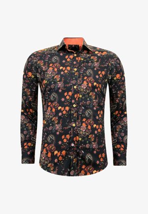 Zwarte blouse met lange mouwen en een bloemmotief in oranje en groen. Heeft een button-down kraag en een oranje binnenvoering. De knopen zijn licht van kleur.