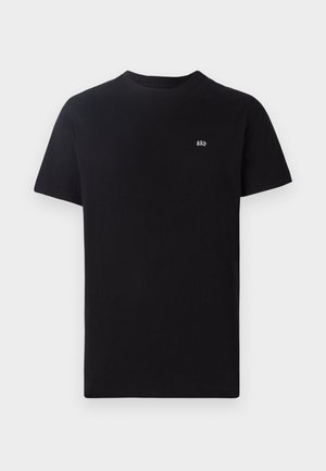 Black cotton t-shirt with a classic crew neck, short sleeves, and a small white logo embroidered on the left chest.