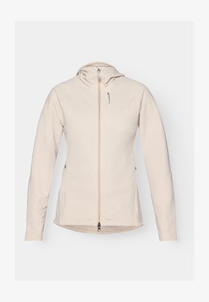 Giacca in pile beige con cappuccio, chiusura con zip e tasca frontale. Presenta una texture liscia, maniche lunghe e orlo leggermente curvo.
