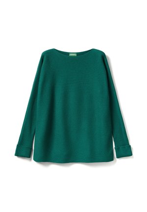 Jersey verde de manga larga con canalé, cuello ancho, ajuste holgado y puños abotonados. Hecho de un material suave y texturizado.