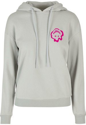 Helle graue Kapuzenjacke mit einer Fronttasche, verstellbarem Kapuzenzug und pinkem Grafiklogo auf der Brust. Rippbündchen an den Ärmelenden und am Saum. Weicher Stoff.