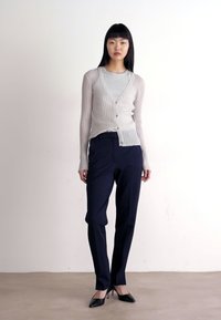 Cardigan a coste beige chiaro con bottoni, indossato sopra una camicia grigia. Abbinato a pantaloni sartoriali blu scuro e décolleté neri con punta.