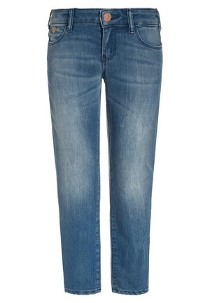 Denim jeans i mellemblå med et falmet mønster, fem-lomme design, knaplukning og lige ben. Ankellængde.