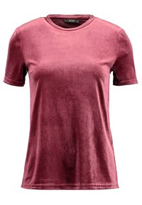 T-shirt med kort ärm i rik bordeauxsammet, med rund halsringning och en slät yta utan mönster eller dekorationer.