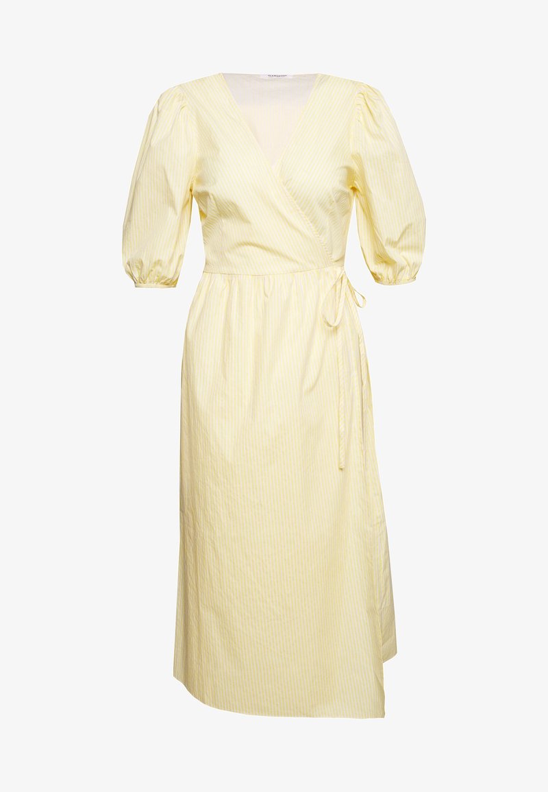 Yellow wrap dress with white vertical stripes, V-neck, short puffed sleeves, and a tie at the waist. Cotton material, knee-length design.