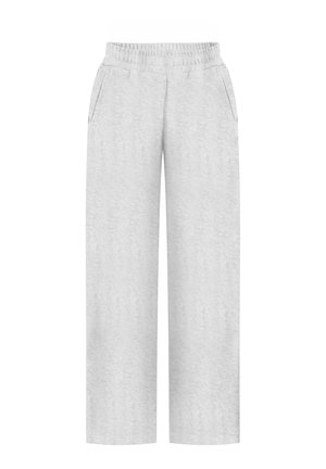 Hellgraue Jogginghose mit elastischem Bund, Seitentaschen und geraden, weiten Beinen auf weißem Hintergrund.