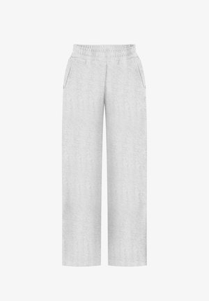 Hellgraue Jogginghose mit elastischem Bund, Seitentaschen und geraden, weiten Beinen auf weißem Hintergrund.