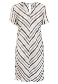 Lyhythihainen mekko, jossa on V-pääntie, valmistettu kevyestä kankaasta, jossa on monivärinen viivoitus sinisessä, harmaassa ja valkoisessa.