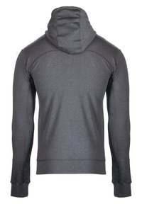 Grijze hoodie met lange mouwen, gemaakt van een textuurstof. Heeft platte naden en een capuchon met een subtiel ontwerp.