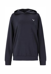 Mörkblå hoodie tillverkad av mjukt material, med en framficka, ribbade ärmslut, en huva med dragsko och en liten logotyp på bröstet.