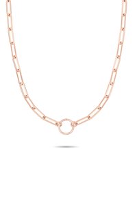 Halsband i roséguld med avlånga pappersklipplänkningar och en central cirkulär detalj, slät yta och glänsande finish.