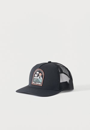Gorra trucker negra de malla con visera curva y parche que muestra palmeras, montaña y el texto "Billabong Adventure Division".