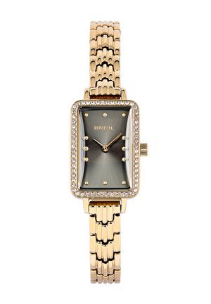 Orologio da polso rettangolare in oro con quadrante nero, lunetta in cristallo, indici delle ore dorati, e bracciale a maglie. Nome del marchio Breil sul quadrante.