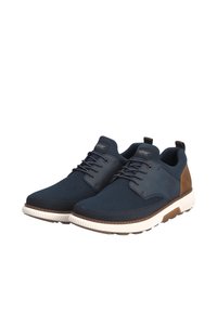 Navy-blau Herren Schuhe mit Obermaterial aus Mesh und Leder, runde Zehenform, weiße Gummisohle und braunen Akzenten an der Ferse. Schnürdesign mit Schlaufen-Zug.