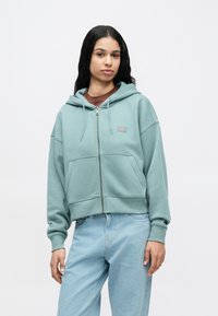 Νεαρή γυναίκα με μακριά σκουρόχρωμα μαλλιά, ντυμένη με ανοιχτό μπλε φούτερ με φερμουάρ πάνω από καφέ πουκάμισο και ανοιχτό μπλε τζιν, στέκεται μπροστά σε λευκό φόντο.