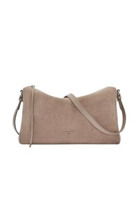 Borsa a spalla in suede beige con tracolla in pelle liscia, forma angolare, logo impresso sul davanti e design minimalista.