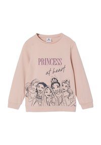 Light pink sweatshirt featuring black line drawings of five princesses, with "PRINCESS at heart" text in bold pink font. Long sleeves, crew neck.