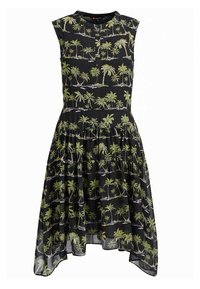 Černé šaty bez rukávů s potiskem zelených palem, s zapínáním na knoflíky, nabíranou sukní a asymetrickým střihem s vyšším předním lemem.