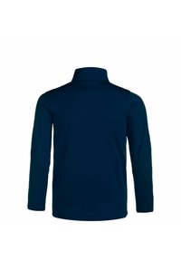 Pullover navy a maniche lunghe con colletto alto, realizzato in un tessuto liscio. Presenta un design aderente e senza motivi o accessori visibili.