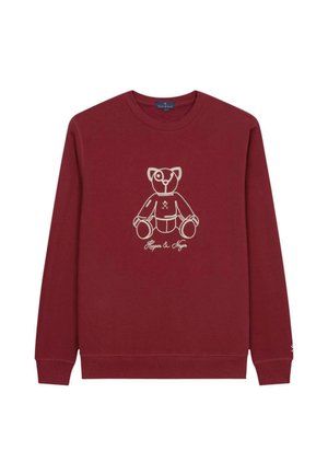 Felpa bordeaux in misto cotone, con una grafica di un orsetto teddy color beige al centro e la scritta "Hype & May." Design classico con collo girocollo.