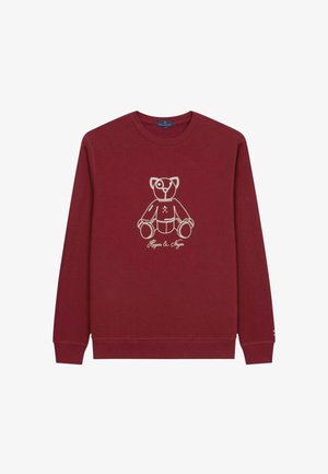 Sweatshirt bordeaux en mélange de coton, présentant un graphique d'ours en peluche tan au centre et le texte "Hype & May". Design classique à col rond.