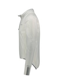 Lichte, witte regenjas met een ritsluiting, hoge kraag, reflecterende accenten op de mouwen en een gladde, gestructureerde stofafwerking.