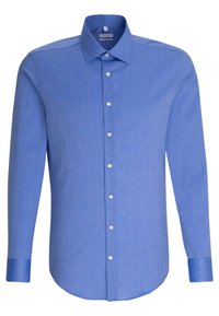 Jasnoniebieska koszula z długim rękawem, wykonana z teksturowanej tkaniny, z zapięciem na guziki z przodu, ostro zakończonym kołnierzykiem oraz kontrastowymi niebieskimi mankietami.