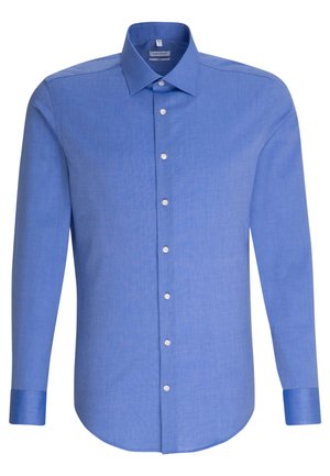 Himmelblaues Langarmhemd aus strukturiertem Stoff, mit durchgehender Knopfleiste, spitzem Kragen und kontrastierenden blauen Manschetten.