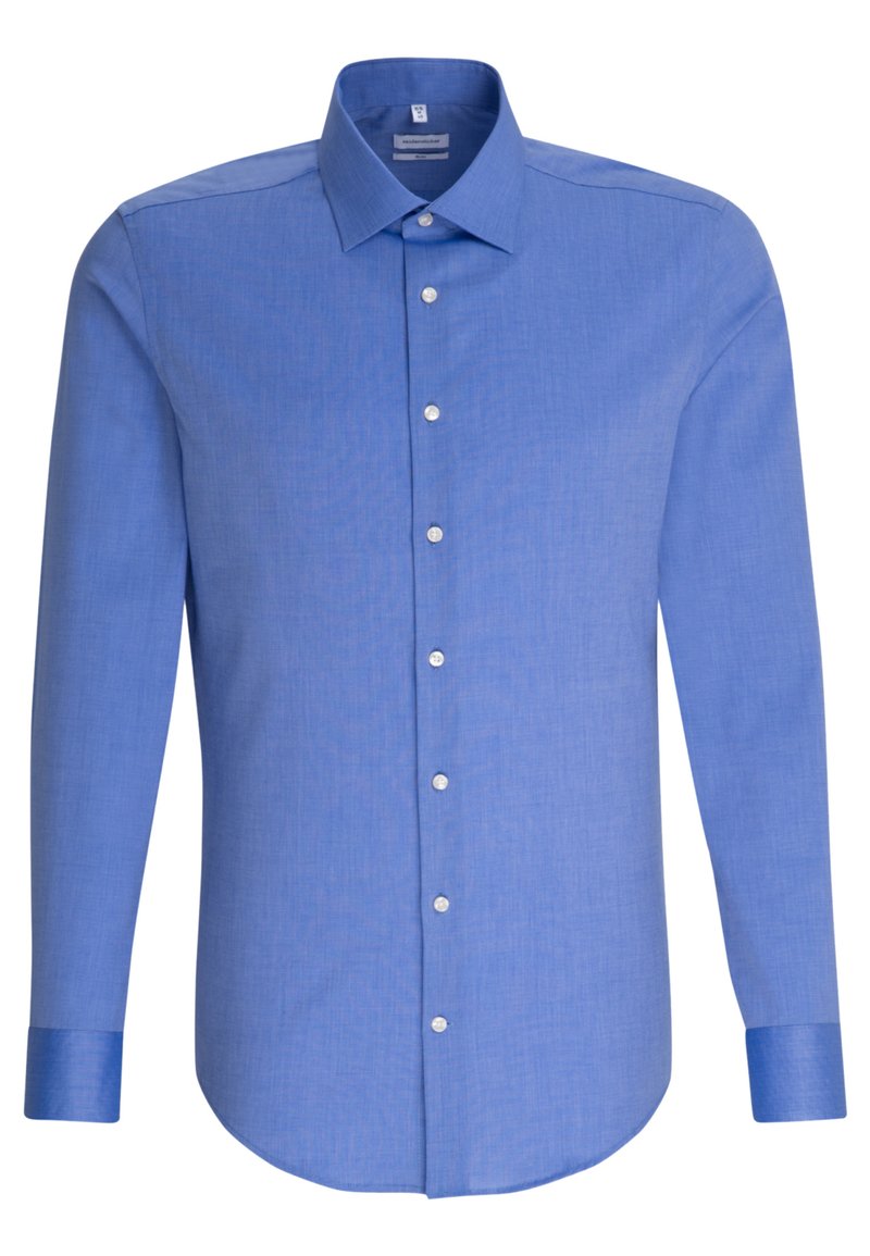 Jasnoniebieska koszula z długim rękawem, wykonana z teksturowanej tkaniny, z zapięciem na guziki z przodu, ostro zakończonym kołnierzykiem oraz kontrastowymi niebieskimi mankietami.