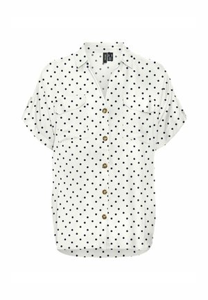 Wit shirt met korte mouwen, marineblauwe stippen, twee borstzakken en gouden knopen. Zachte stof met een losse pasvorm en een afgeronde zoom.